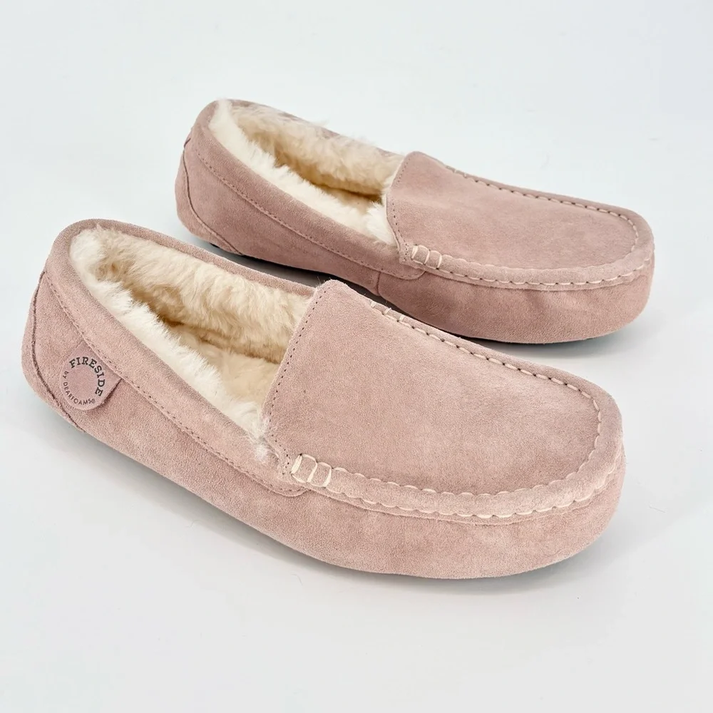 Fireside by Dearfoams Mel Genuine Shearling Moccasin in Dusty Pink - Picture 7 of 16